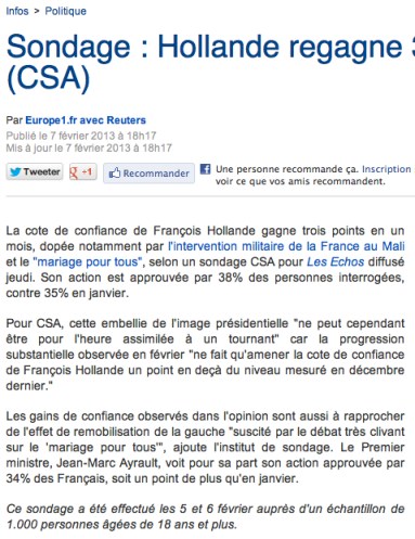 sondage europe 1 popularité Hollande 07-02-2013